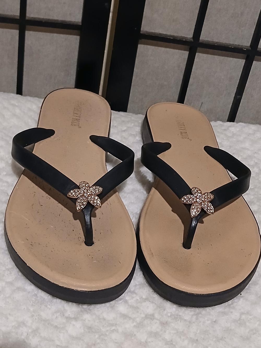 Ashley Blue Black Sandal Thong with Gold Rhinestone Flower